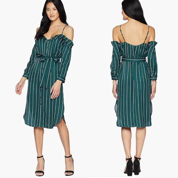 Bardot Paloma Teal Green Striped Cold Shoulder Dress US Size 6 (Small) - Picture 1 of 10
